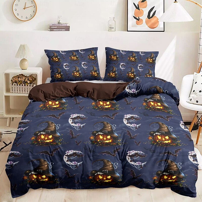 Halloween Duvet Cover Halloween Pattern by Sarah Richter Bedding Set 3-Piece Comforter Cover Set with Zipper Closure, Soft and Lightweight, Holiday Bedroom Decoration3