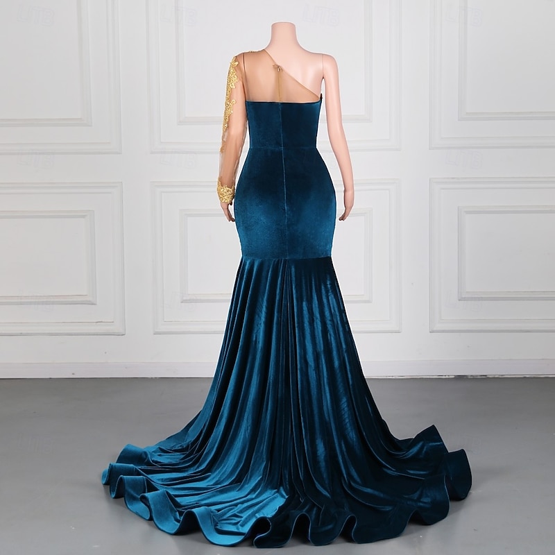 Mermaid / Trumpet Evening Gown Elegant Dress Formal Prom Sweep / Brush Train Long Sleeve One Shoulder Velvet with Pearls Appliques2