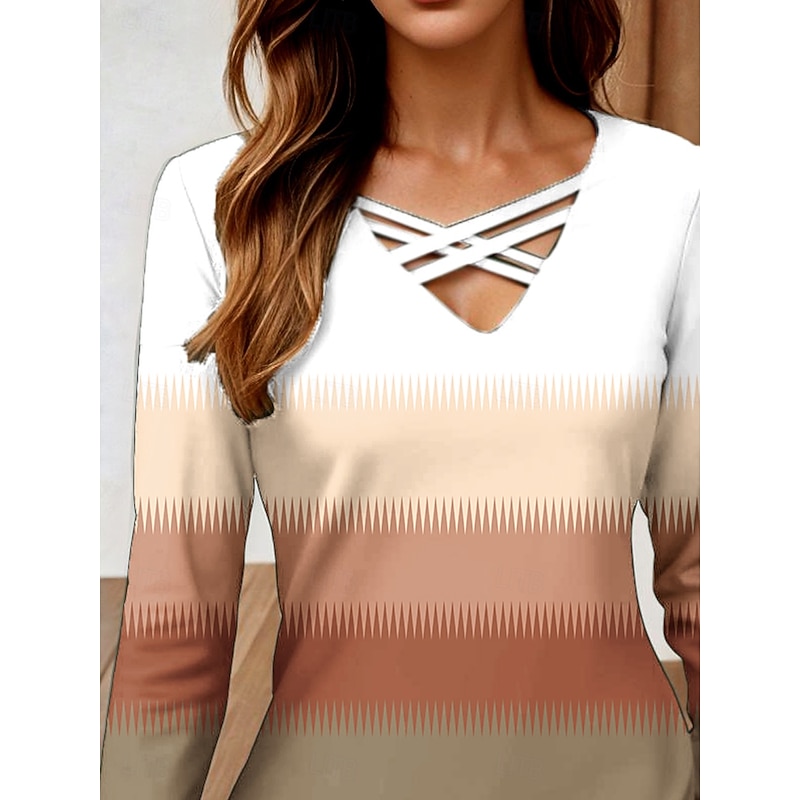 Women's T Shirt Ombre Graphic Geometric Vintage Stylish Classic Long Sleeve V Neck Regular Tops Daily Cut Out Print Light Brown Spring Fall2