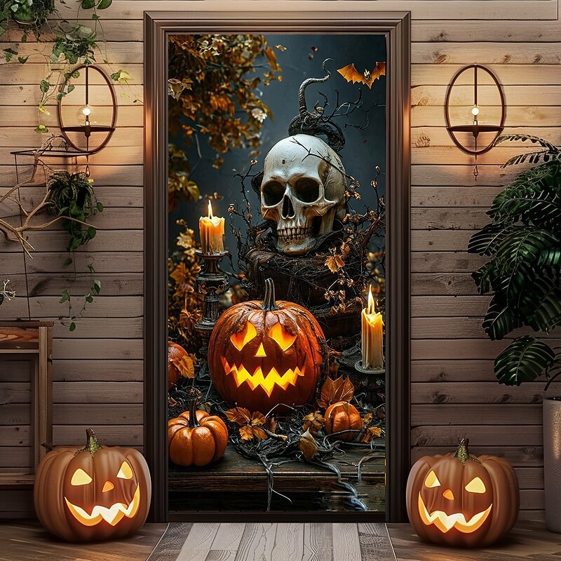 Helloween Door Covers Door Skeleton Pumpkin Tapestry Door Curtain Decoration Backdrop Door Banner for Front Door Farmhouse Holiday Party Indoor Outdoor Decor Supplies3