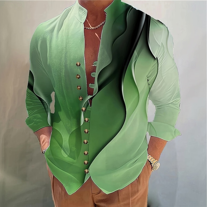 Men's Gradient Waves Shirt Stand Collar Shirt Long Sleeve Casual Vacation Daily Wear Going out Spring Fall Mandarin Collar Band Collar Button-Down Linen Like Shirt Green