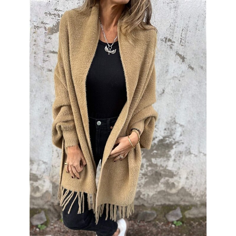 Women's Cloak / Capes Comfortable Breathable Tassel Fashion Daily Plain Outdoor Casual Daily Open Front Short Collarless Regular Fit Long Sleeve Outerwear Black Khaki Gray Spring Fall3