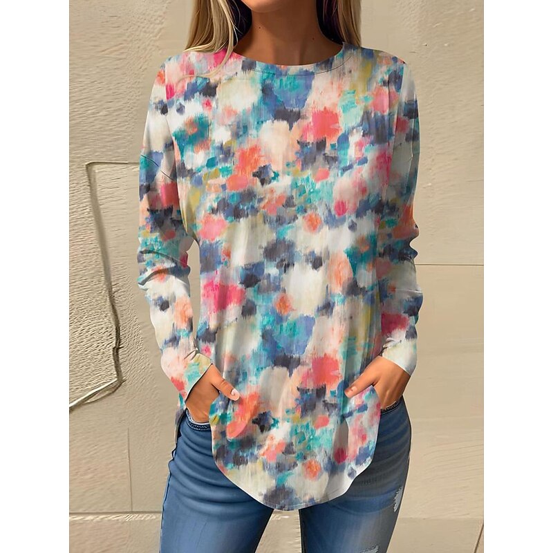 Women's T Shirt Graphic Abstract Vintage Fashion Stylish Long Sleeve Crew Neck Regular Tops Weekend Print Pink Blue Sky Blue Green Spring Fall3