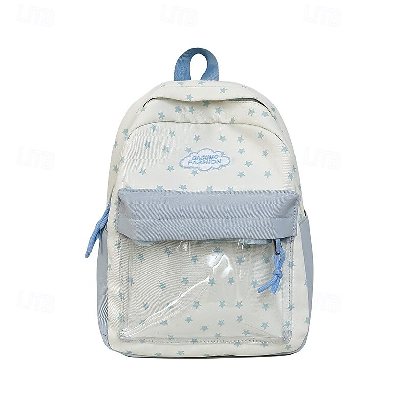 Girls' Cute Star Print Backpack with Clear Front Pocket – Kawaii Canvas School Bag for Teen Students & Back to School
