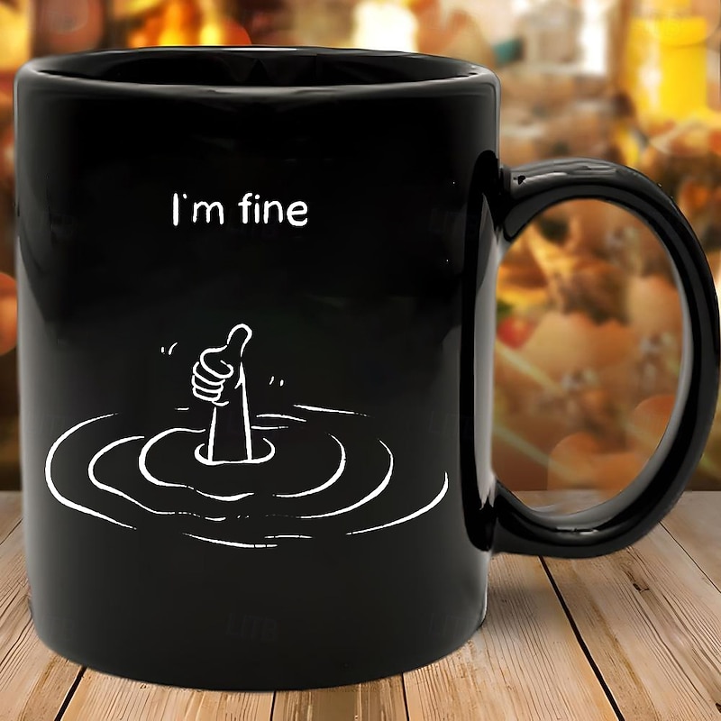 Funny Coffee Mug Im Fine Drowning Meme Black Ceramic Mug 11oz 330ml Sarcastic Gag Gift for Coworkers Friends Adults