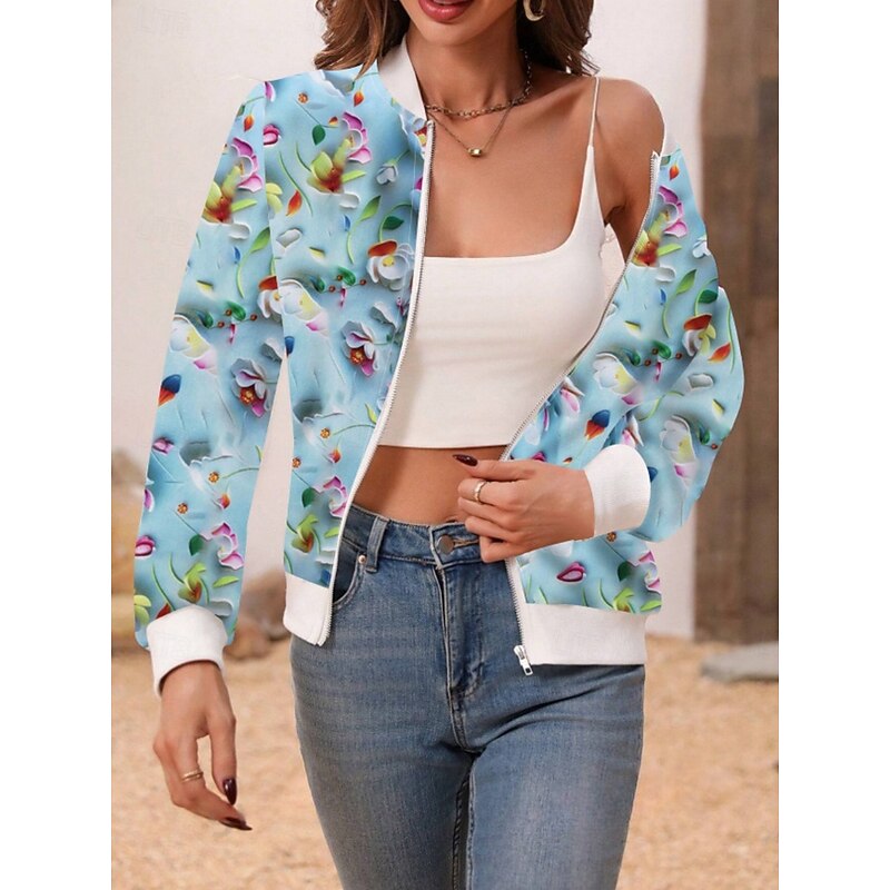 Women's Bomber Jacket Casual Jacket Comfortable Breathable Zipper Pocket Print Casual Floral Vacation Street Casual Daily Wear Zipper Short Stand Collar Regular Fit Long Sleeve Outerwear White Pink3