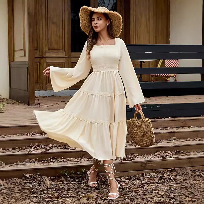 Retro Vintage Medieval Renaissance Midi Dress Bell Sleeve Viking Elven A-Line Fancy Dress Women's Fantasy Halloween Carnival Vacation Casual Daily LARP Adults Dress Spring & Summer