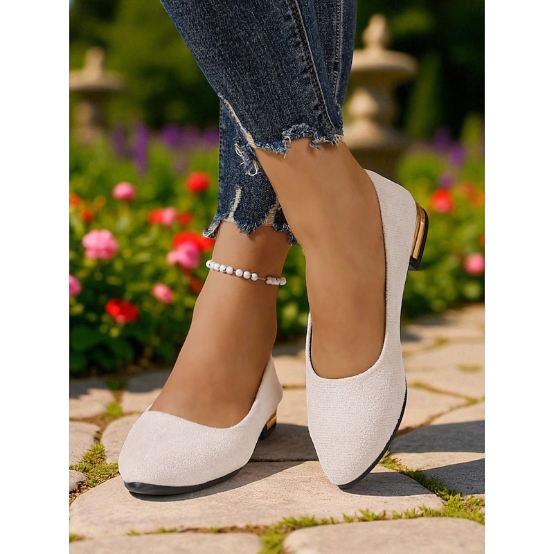 Women's White Textured Ballet Flats – Round Toe Slip-On Casual Shoes with Gold Heel Accent for Ladies, Perfect for Daily Commute, Garden Strolls, or Weekend Outings
