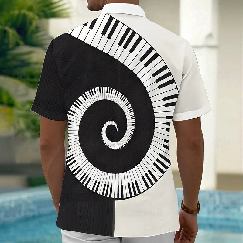 Men's Boardmasters Piano Spiral Shirt Summer Shirt Button Up Shirt Short Sleeve Vintage Retro Outdoor Vacation Dailywear Summer Spring Turndown 3D Print Collared Shirts Front One Pocket White2