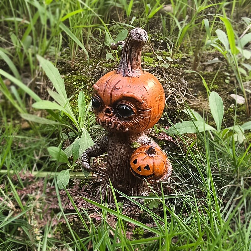 Halloween Pumpkin Elf Resin Figurine, Garden Gnome Style Halloween Decoration, Holiday Desktop Ornament for Yard, Patio, Table or Indoor Festive Display3
