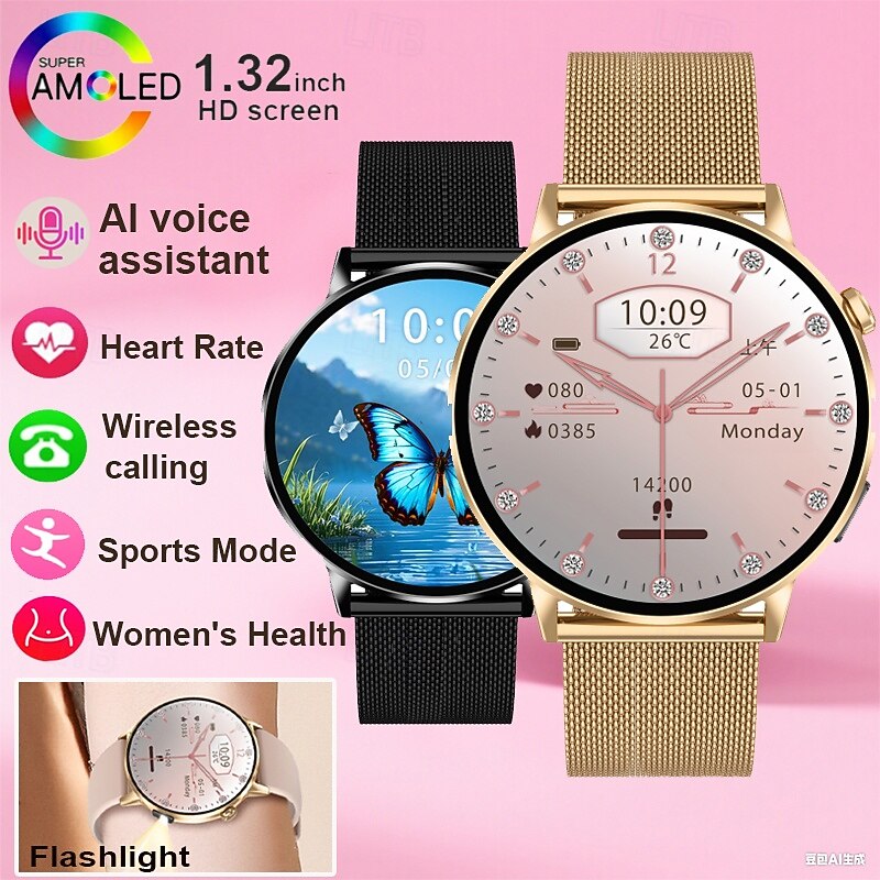 imosi 1.32 inch Amoled HD ScreenSmart Watch for Women with Blood Glucose Monitor Bluetooth Call Heart Rate & Blood Pressure Tracking IP68 Waterproof Fitness Tracker