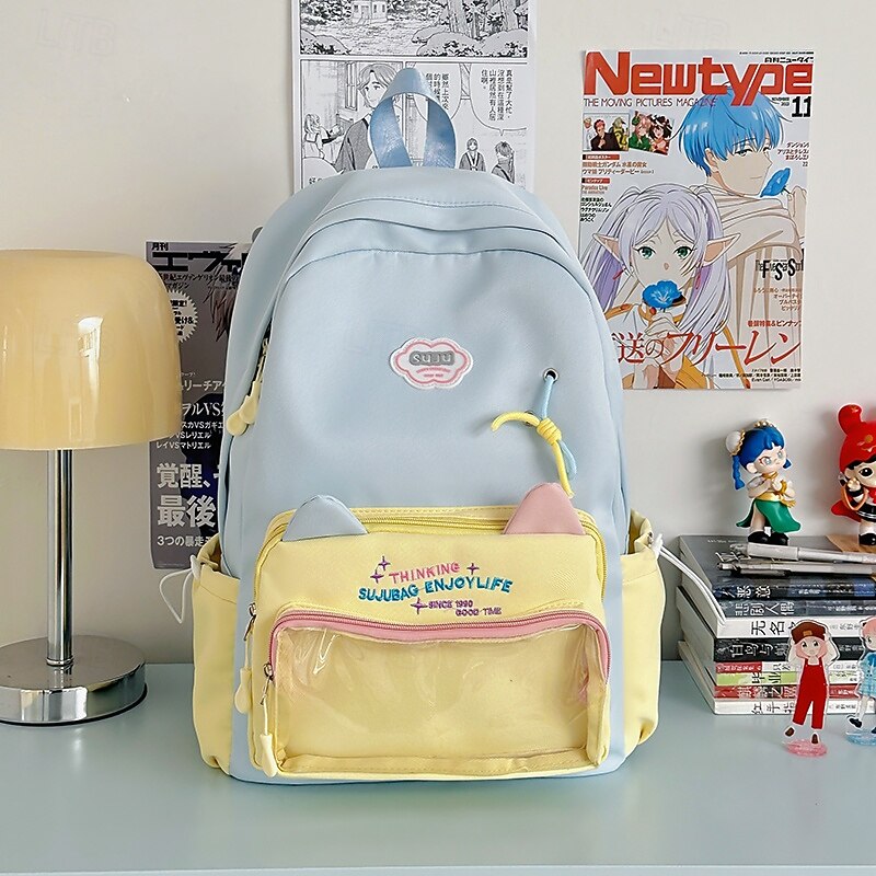 Kawaii Pastel Cat Ear Backpack for Girls – Cute Anime-Inspired School Bag with Clear Front Pocket for Teens and Students2