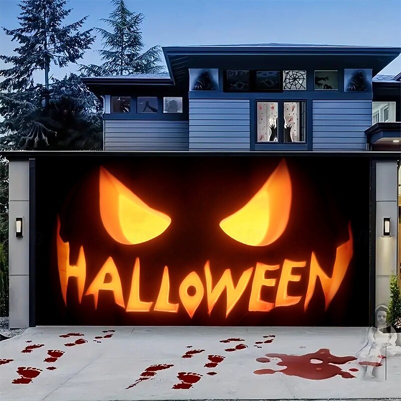 Halloween Garage Door Cover Banner Backdrop – Glowing Jack-o'-Lantern Face with "Halloween" Text, Outdoor Decoration for 2025 Halloween Home Front Yard3