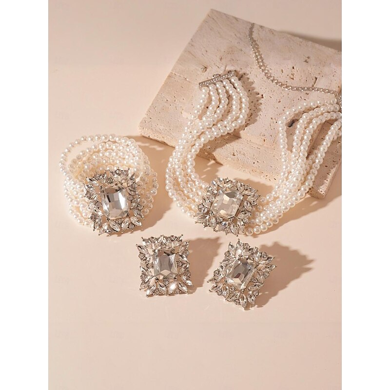Women's Pearl Rhinestone Statement Jewelry - Vintage-Inspired Choker, Bracelet and Earrings for Gatsby Party and Evening Events3
