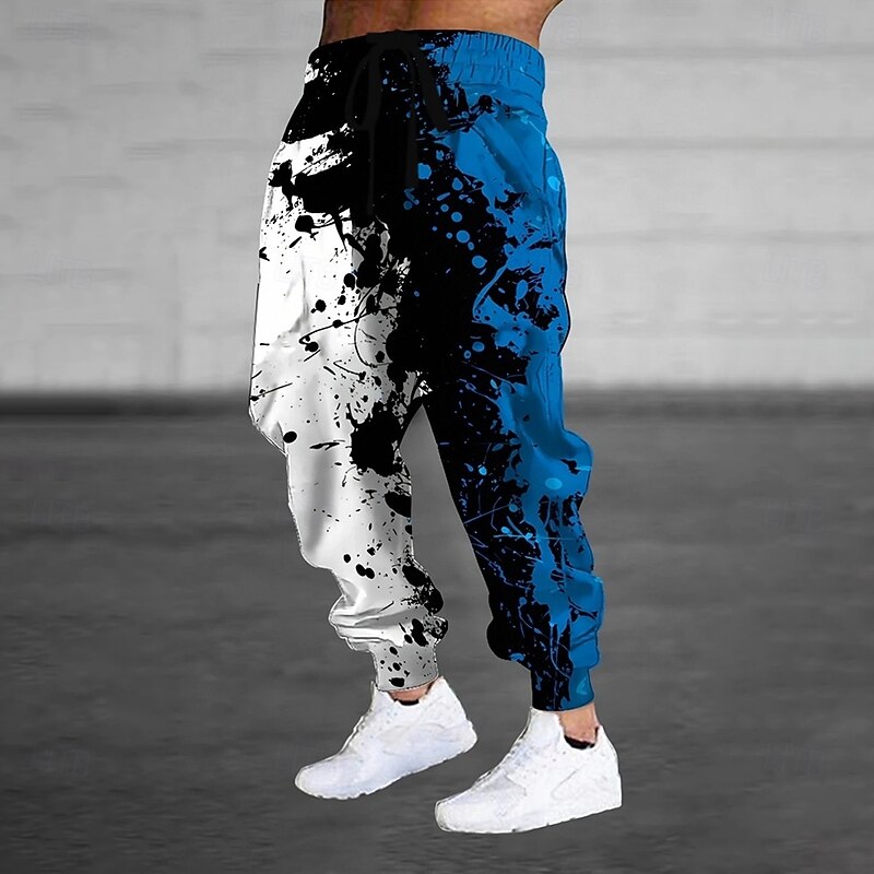 Men's Color Block Splash Ink Sweatpants Joggers Trousers Mid Waist Drawstring Elastic Waist Casual Jogging Streetwear Workout Athletic Sweatpants with Pockets Spring Fall 3D Print Blue