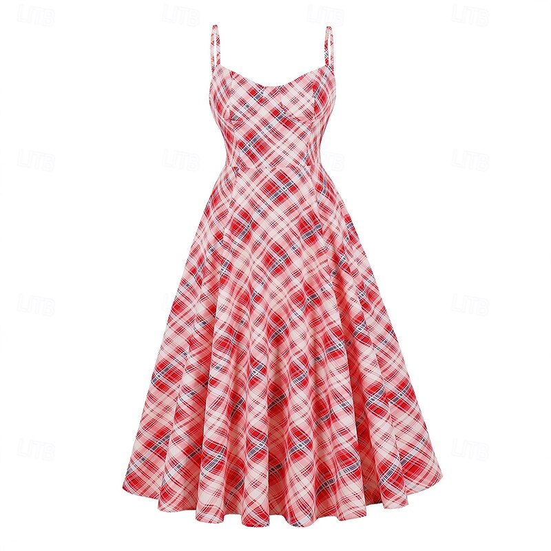 Retro Vintage 1950s Rockabilly Midi Flapper Dress Swing Dress Spaghetti Strap Fit and Flare with Pockets Plaid Fancy Dress Women's Masquerade Vacation Casual Retro Theme Party Adults Dress Spring4