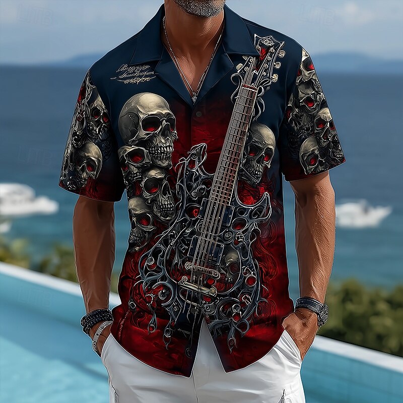 Men's Guitar Death Halloween Costumes Shirt Cuban Collar Shirt Button Up Shirt Short Sleeve Dark Punk Gothic Style Vacation Holiday Streetwear Summer Camp Collar Shirt 3D Print Blue Dark Blue