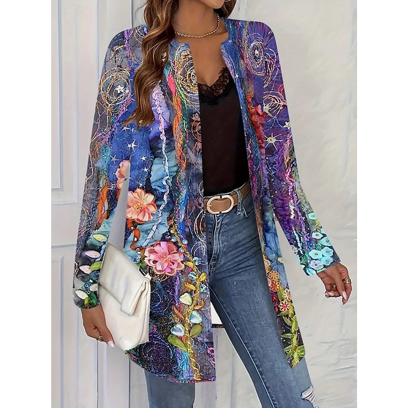 Women's Casual Jacket Comfortable Breathable Pocket Open Front Casual Boho Vintage Floral Casual Daily Wear Open Front Long Crewneck Regular Fit Long Sleeve Outerwear Blue Purple Spring Fall2