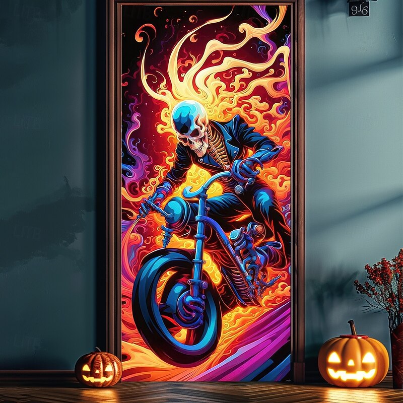 Halloween Door Cover Outdoor Banners Skeleton Motorcycle 3D Dark Punk Gothic Style Party Outdoor Shooting Backgrounds Front Door Wall Porch Home Decor3