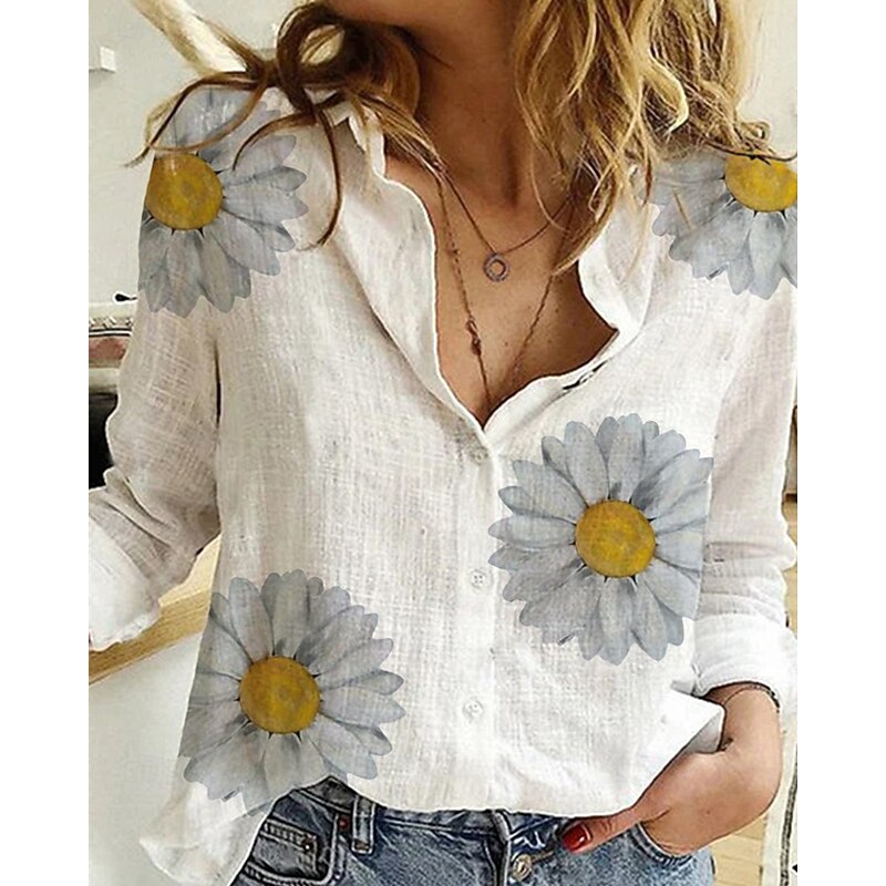 Women's Shirt Linen Shirt Print Daily Stylish Basic Long Sleeve Shirt Collar Regular Tops Work Daily Holiday Buttons White Blue Gray Spring Fall3
