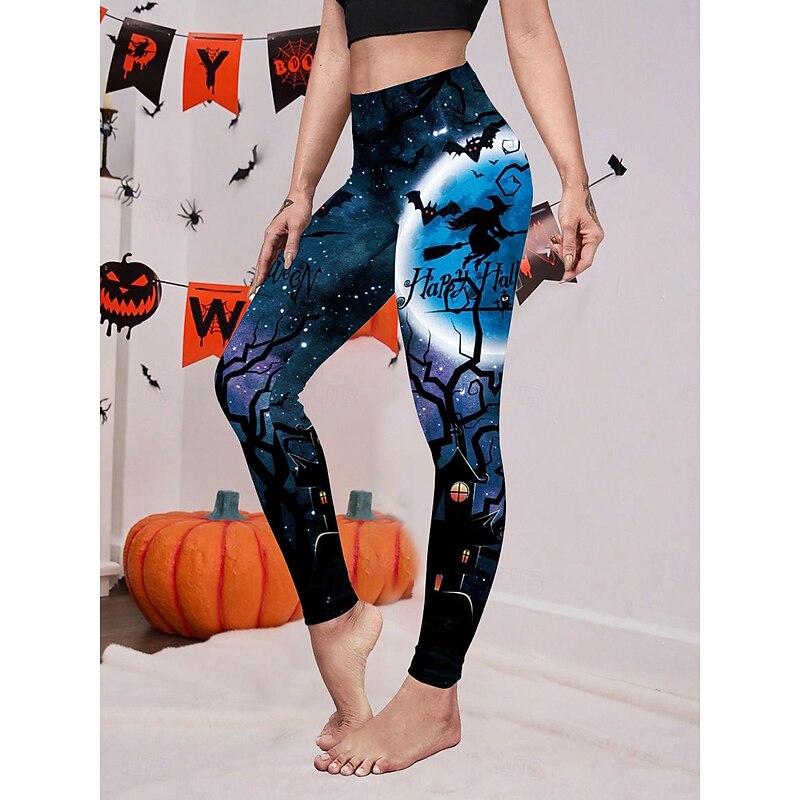 Women's Leggings Vintage Casual Ankle-Length High WaistPantsHalloween Graphic Pumpkin Printing Soft Breathable Stretchy Outdoor Daily Black and Blue Black and White Black Yellow Fall Winter Slim Fit3