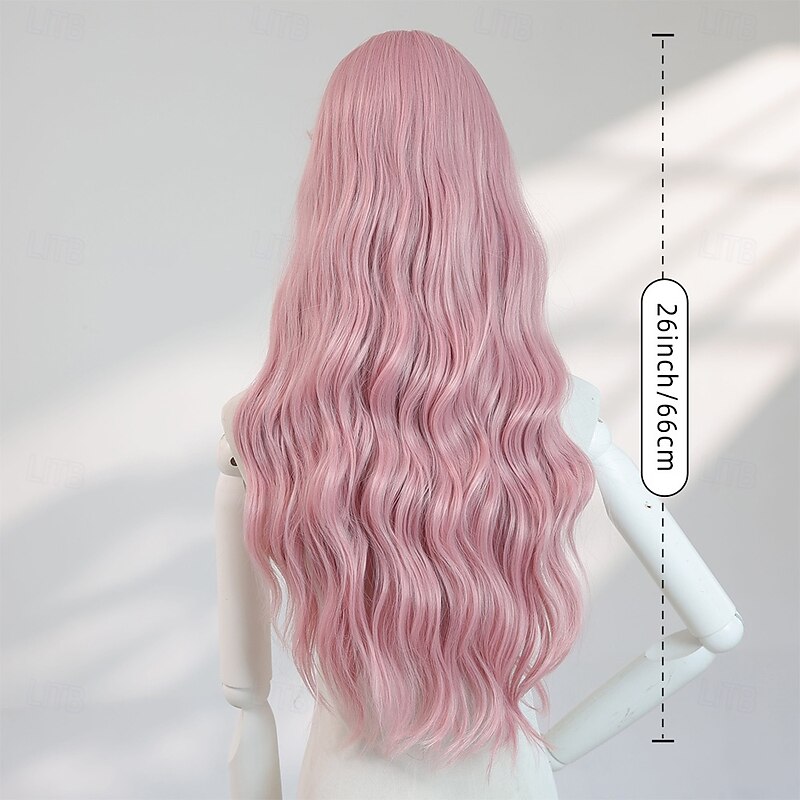 26‑Inch Pink Wavy Long Wig with Bangs – Synthetic Halloween Costume Hair, Perfect for Cosplay, Photo Shoots & Fashion4