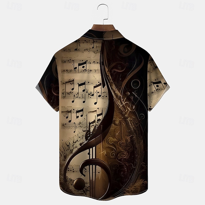 Men's Boardmasters Guitar Musical Notes Shirt Summer Shirt Button Up Shirt Short Sleeve Vintage Retro Outdoor Vacation Dailywear Summer Spring Turndown 3D Print Collared Shirts Front One Pocket Brown3