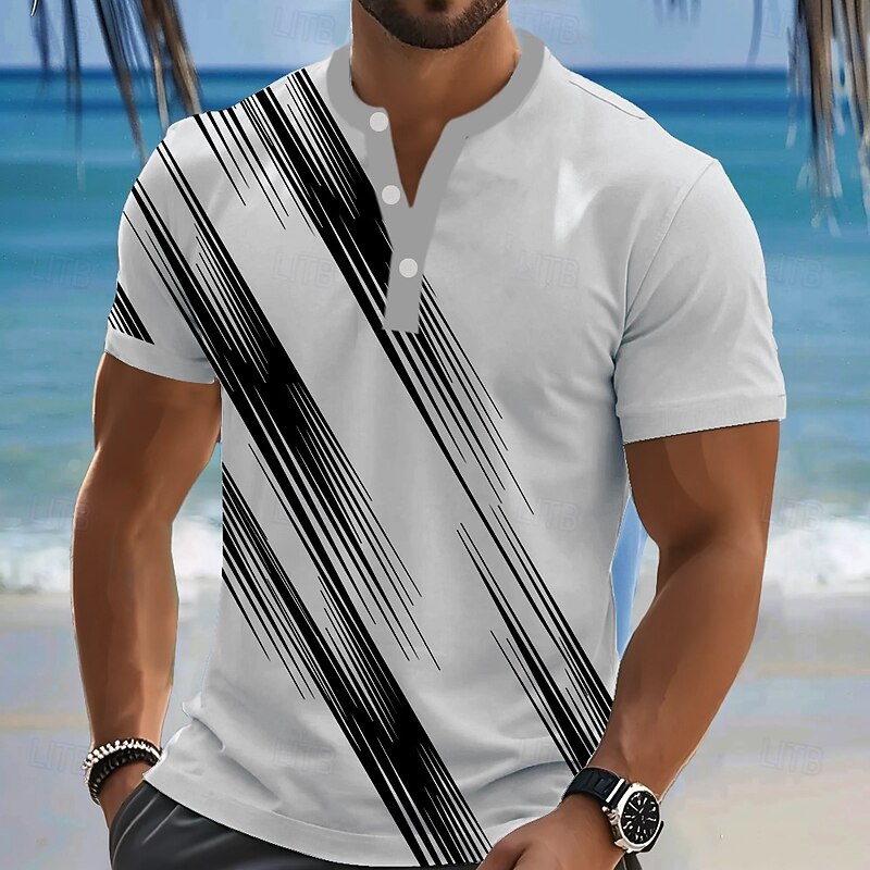 Men's Striped T Shirt Henley Shirt Short Sleeve Designer Retro Vintage Graphic Street Casual Daily Summer Spring Pink White Green Blue Henley Henley T-Shirt4