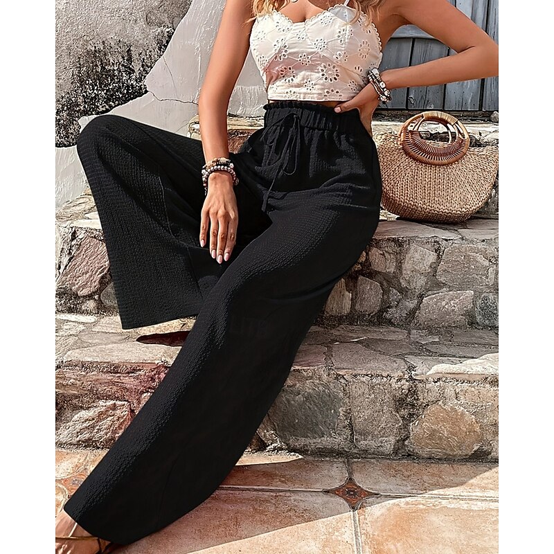 Women's Wide Leg Pants Trousers Palazzo Pants Fashion Streetwear Full Length High Waist Plain Elastic Waist Breathability Comfortable Street Daily Wear Going out Black Spring Fall Regular Fit