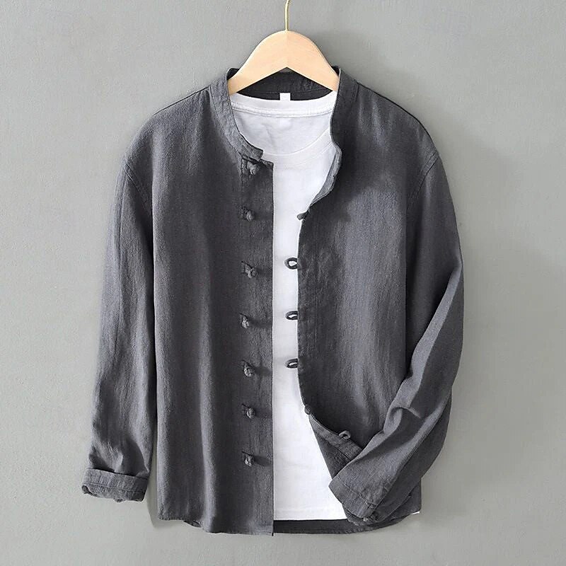 Men's Shirt Linen Shirt Viking Style Band Collar Shirt Summer Shirt Beach Wear Solid Color Vacation Street Black White Navy Blue Gray Long Sleeve Mandarin Collar Summer Spring Clothing Apparel Buttons