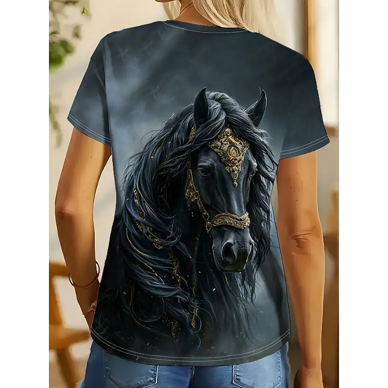 Women's T Shirt Graphic Animal Horse Vintage Fashion Stylish Short Sleeve Crew Neck Round Neck Regular Tops Daily Weekend Print Light Brown Blue Dusty Blue Summer Spring2