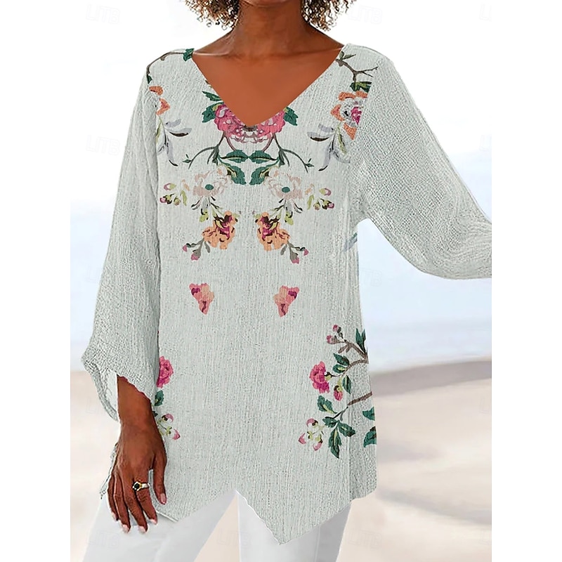Women's Blouse Floral Graphic Geometric Vintage Tropical Stylish 3/4 Length Sleeve Crew Neck V Neck Regular Tops Daily Holiday Vacation Wear Print Light Green Orange Light Grey Summer Spring Fall