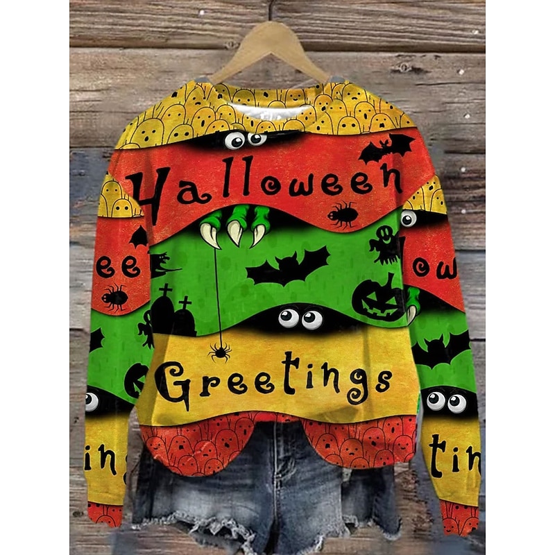 Halloween Women's Sweatshirts Monster Graphic Casual Long Sleeve Crew Neck Round Neck Regular Tops Street Dailywear Casual Print Yellow Orange Green Khaki Spring Fall Winter3