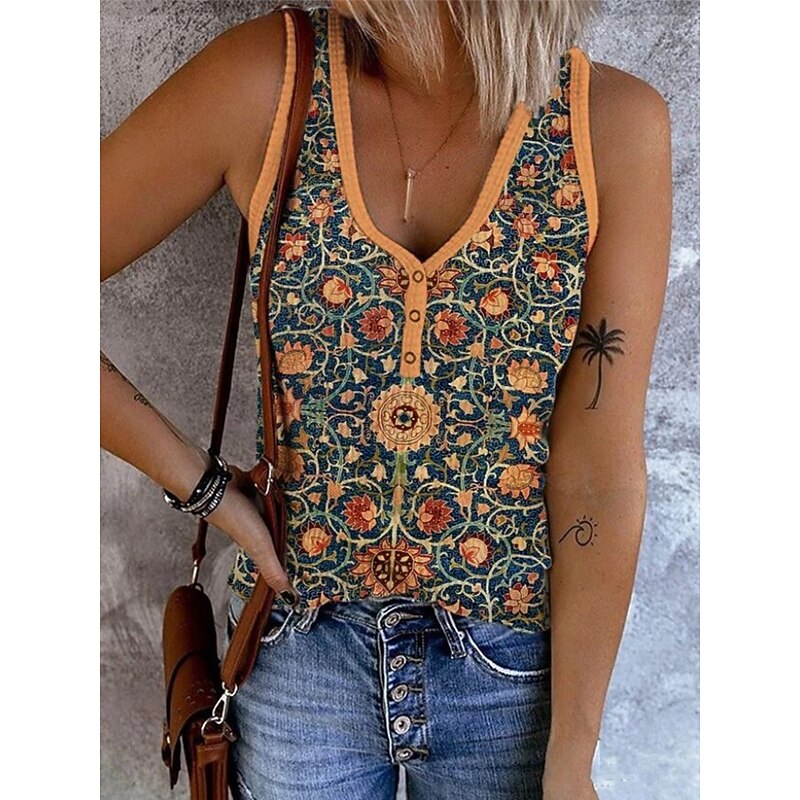 Women's Camisole Tank Top Floral Graphic Vintage Stylish Ethnic Sleeveless Sleeveless V Neck Regular Tops Daily Print Black Pink Light Purple Purple Orange Summer Spring2