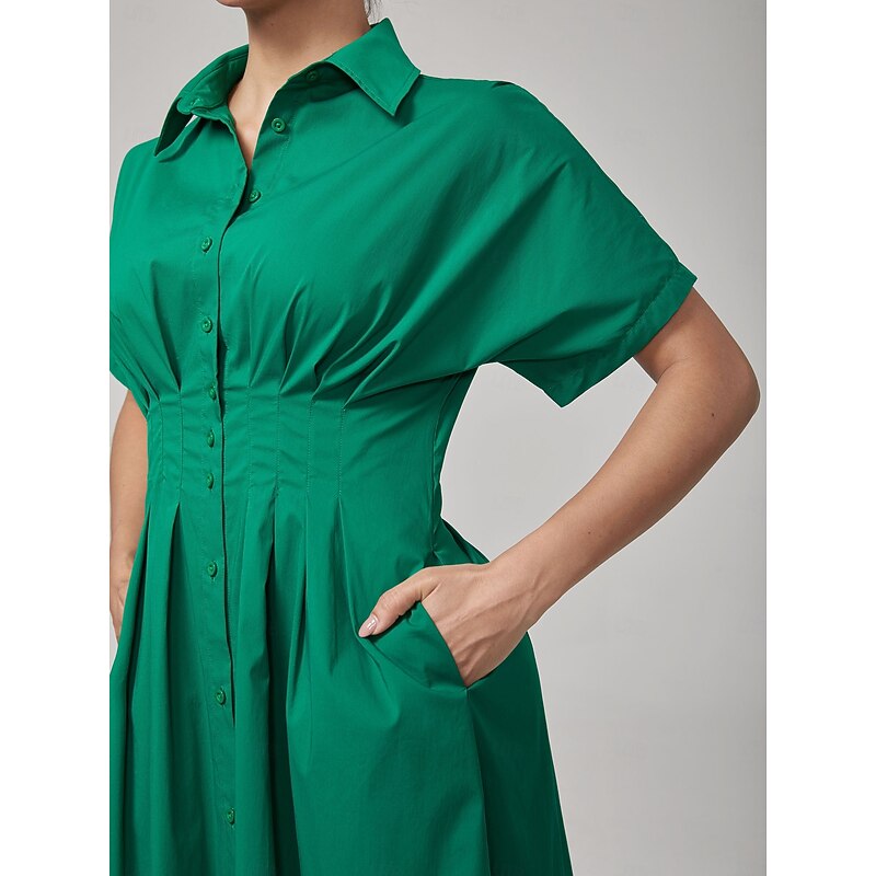 Women's Maxi Dress Vintage Green Cotton Pleated Waist Shirt Collar Casual Elegant Spring Summer Fall2