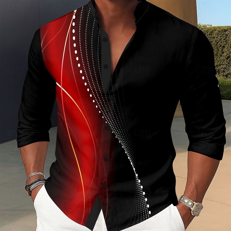Men's Geometric Gradient Waves Shirt Stand Collar Shirt Long Sleeve Fashion Casual Dailywear Holiday Spring Fall Mandarin Collar Band Collar 3D Print Button Up Shirts Red Blue Purple Green