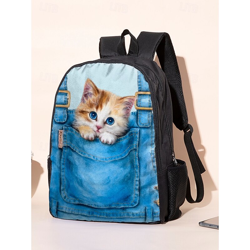 Kid's 3-Piece Denim Pocket Cat Print Backpack Set by Kayomi Harai- Cute Cartoon Design, Insulated Lunch Bag, Adjustable Shoulder Strap, Great for School, Travel and Daily Use3