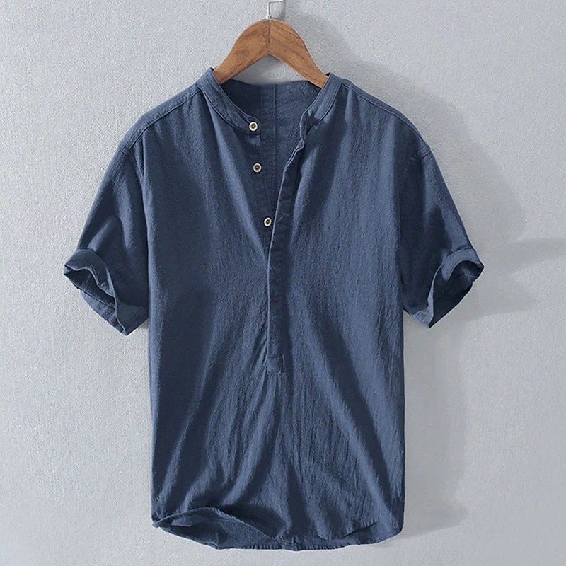 Men's Shirt Linen Shirt Popover Shirt Summer Shirt Beach Wear Solid Color Vacation Street White Navy Blue Blue Short Sleeve Band Collar Summer Spring Clothing Apparel2