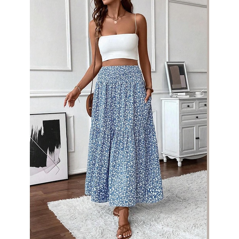 Women's Skirt Casual Maxi High Rise Skirts Amethyst Black Blue Green Summer Polyester3