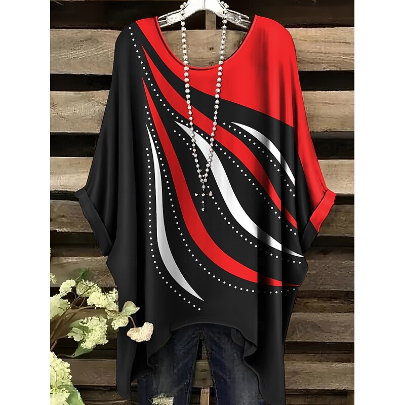 Women's Blouse Graphic Geometric Vintage Daily Casual Half Sleeve Batwing Sleeve Crew Neck Regular Tops Daily Holiday Beach Wear Asymmetric White Wine Red Summer Spring3