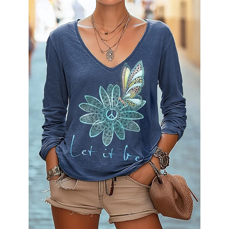 Women's Blouse Floral Letter Bohemia Daily Long Sleeve V Neck Regular Tops Daily Holiday Print Black Navy Blue Blue Orange Green Summer Spring Fall2