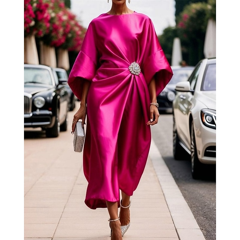 Women's Midi Dress Satin Dress Semi Formal Dress Elegant Fashion Modern Daily Date Weekend Regular Fit Plain Half Sleeve Crew Neck Pink Wine Navy Blue Green Spring Fall3