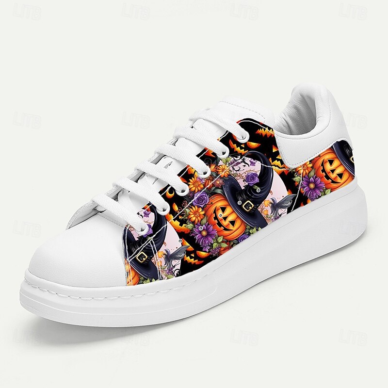 Men's White Sneakers with Colorful Pumpkin and Witch Pattern for Halloween Costumes, Festivals and Themed Events3