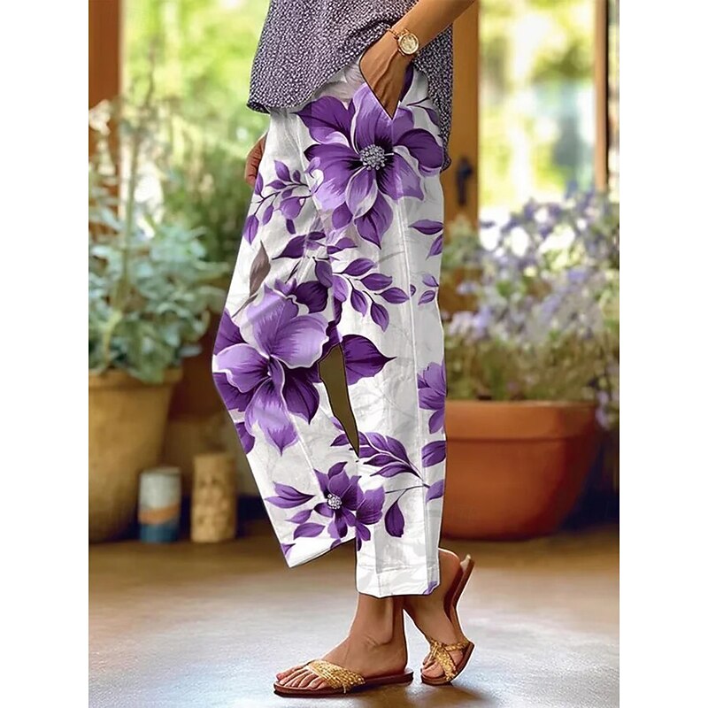 Women's Chinos Vacation Vintage Casual Full Length High Waist Floral Graphic Pocket Soft Outdoor Breathable Inelastic Formal Outdoor Vacation Violet Pink Summer Spring Fall Regular Fit2