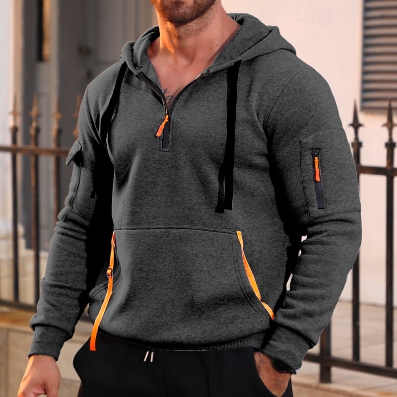 Men's Hoodie Quarter Zip Hoodie Fleece Hoodie Tactical Hoodie Black Navy Blue Khaki Dark Gray Gray Hooded Plain Patchwork Sports & Outdoor Casual Daily Streetwear Cool Sportswear Spring & Fall All4