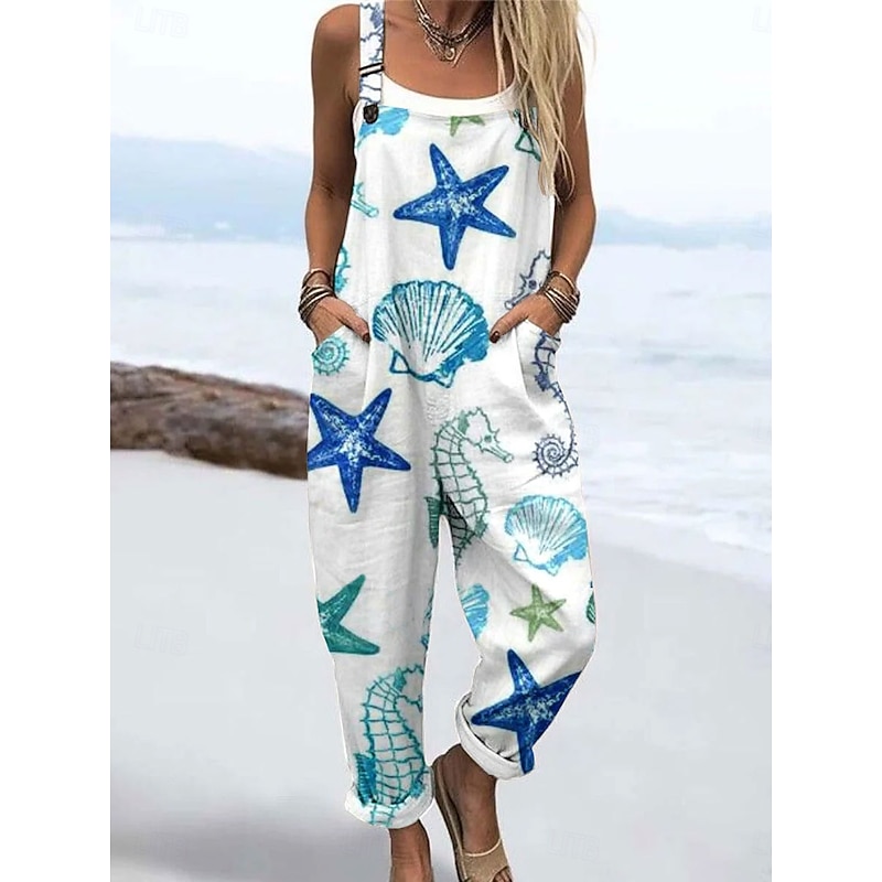 Women's Dungarees Active Graphic Sleeveless Print Vacation Street Loose Fit White Blue Green Summer