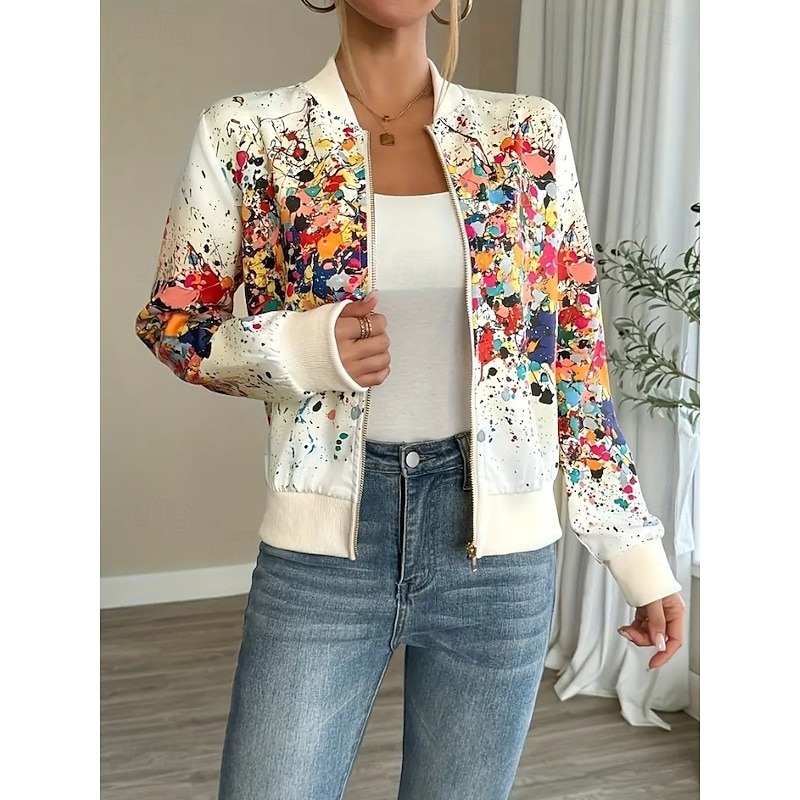 Women's Casual Jacket Comfortable Breathable Print Active Vintage Fashion Daily Abstract Casual Short Stand Collar Regular Fit Long Sleeve Outerwear Black White Pink Fall Winter4