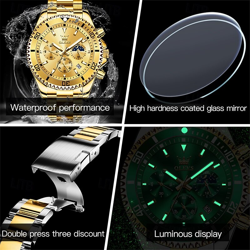 The New Olevs Stainless Steel Bracelet Men'S Business Watch Moon Phase Chronograph Calendar Green Submariner Quartz Watch Is A Waterproof Fashionable And Trendy Men'S Casual Sports Wristwatch