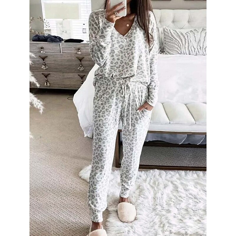 Women's Pajama Set Casual Comfort Leopard Elastic Waist T Shirt Pant Home Daily Long Sleeve V Neck Pink Blue Gray Summer Spring Fall Regular Fit