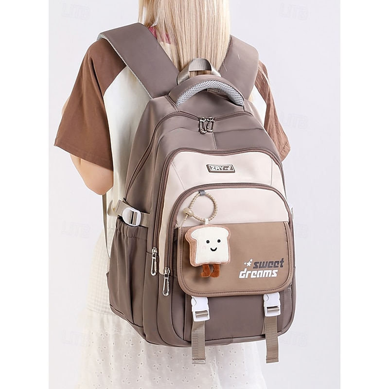 Teen Large Capacity Waterproof Backpack with Cute Toast Pendant - Stylish School and Travel Bag for Teens with Luggage Straps and Tablet Pocket2